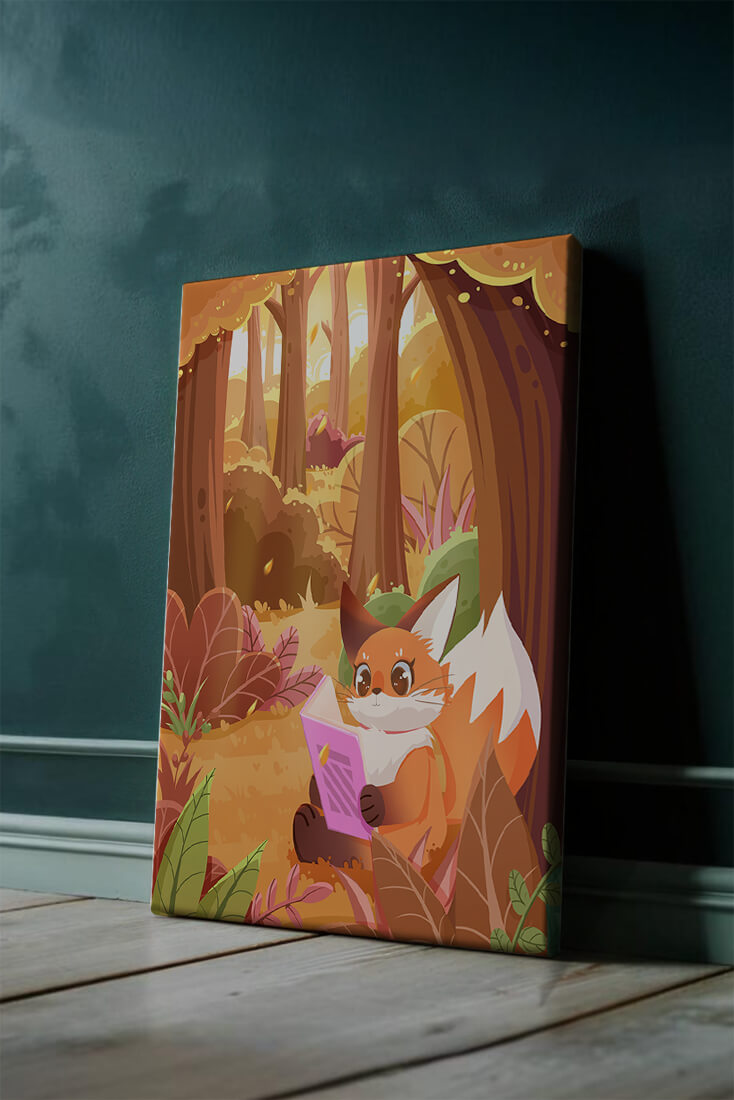 Fox reading a book in a whimsical autumn forest