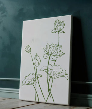 Ilustración de arte de línea verde de flores de loto con capullos