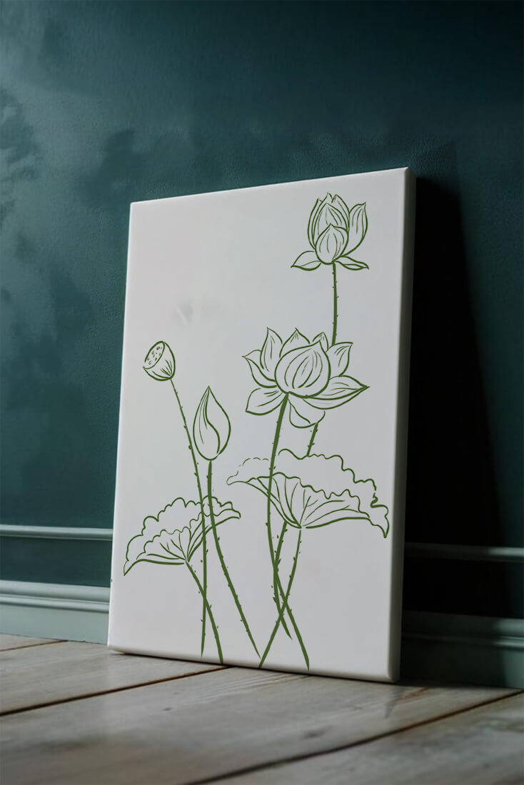 Ilustración de arte lineal verde de flores de loto con capullos