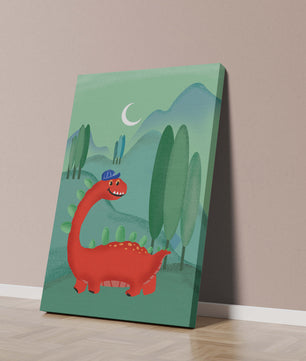 Whimsical red dinosaur in a serene nighttime forest