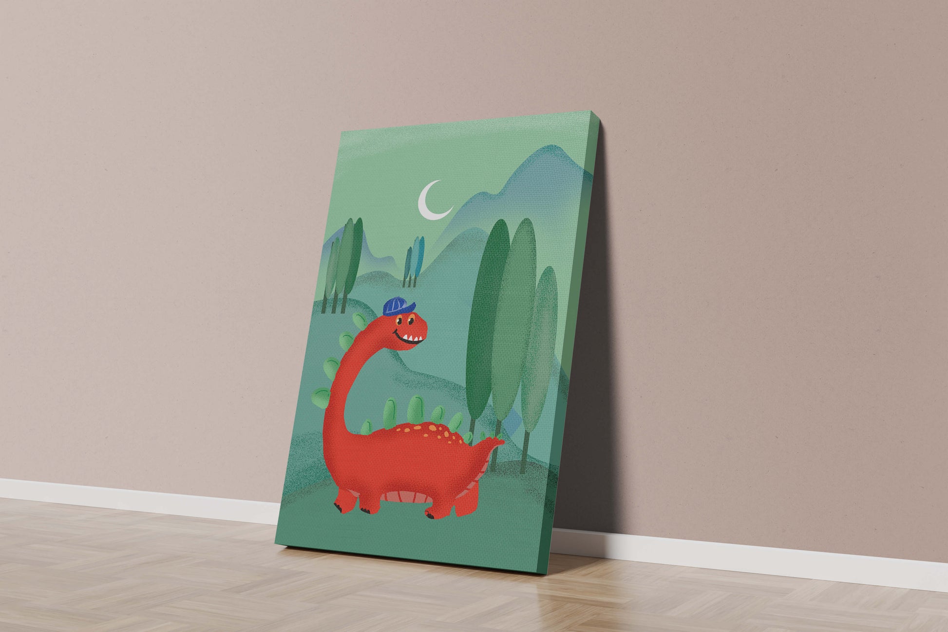 Whimsical red dinosaur in a serene nighttime forest
