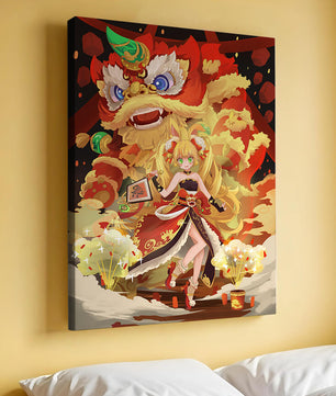 Colorful anime-inspired scene with a lion dance and festive character