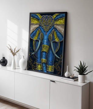 Blue and gold ornate elephant with intricate patterns