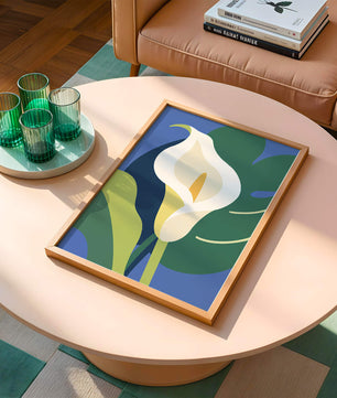 Ilustración floral abstracta con fondo verde y azul