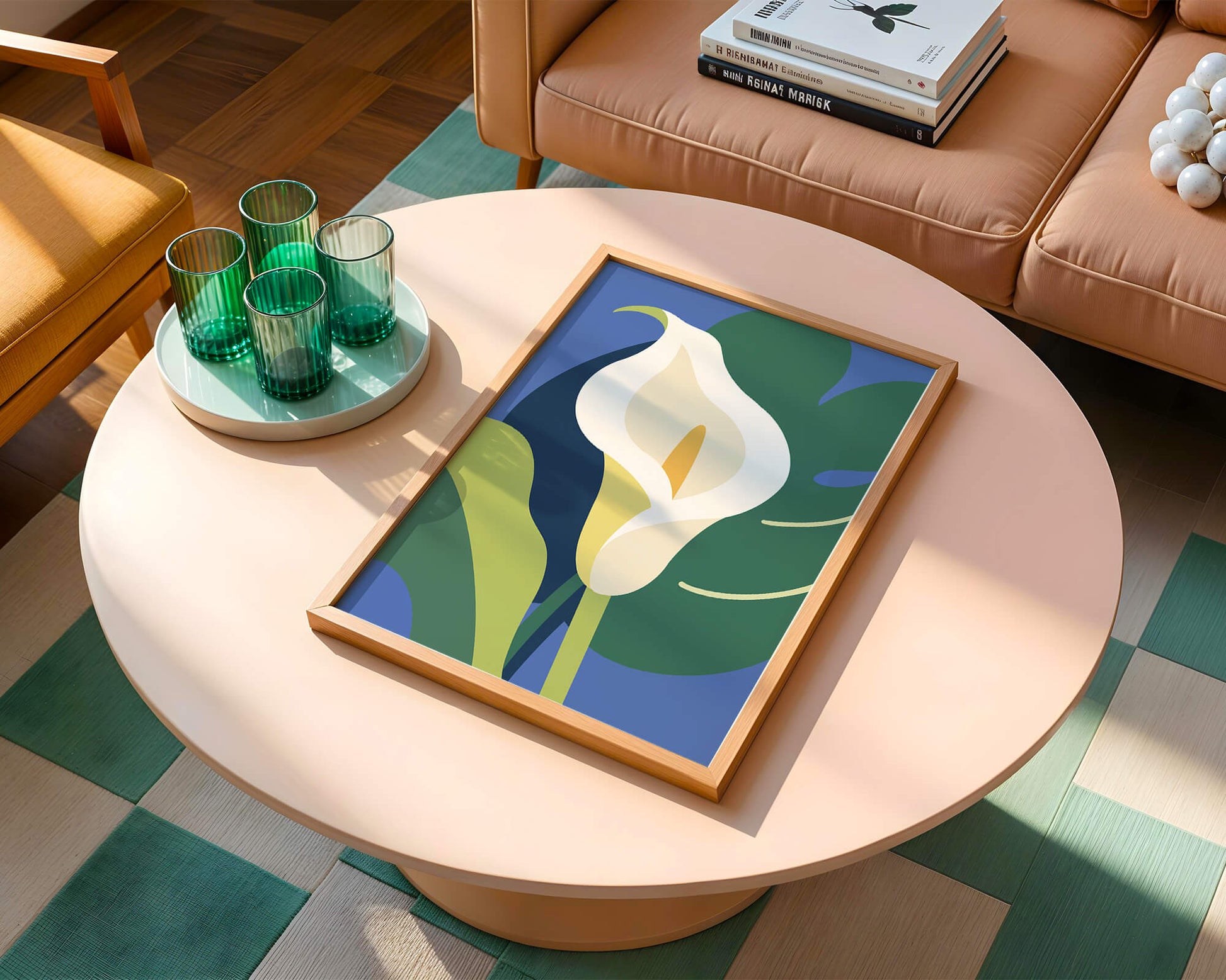 Ilustración floral abstracta con fondo verde y azul