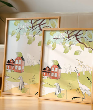 Tranquil rural landscape illustration with house, dog, and crane