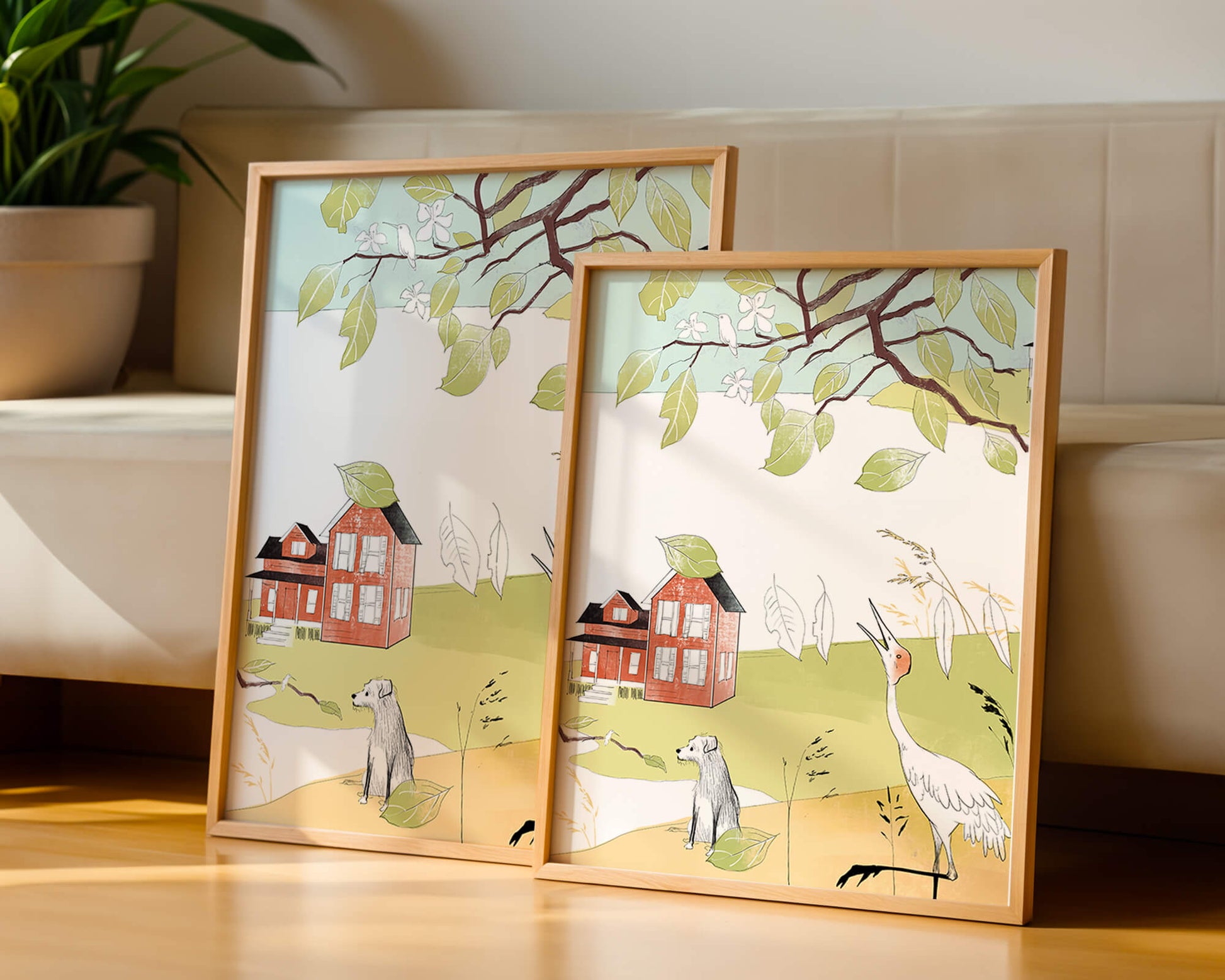 Tranquil rural landscape illustration with house, dog, and crane