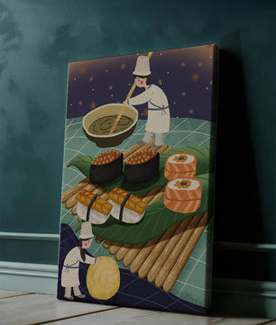 Ilustración juguetona de chefs preparando sushi en un paisaje imaginario