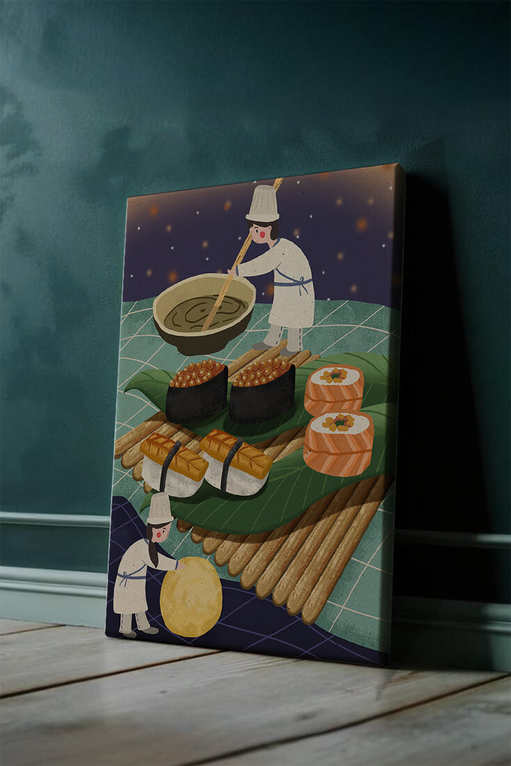 Ilustración juguetona de chefs preparando sushi en un paisaje imaginario