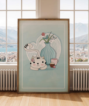 Cute Cat with Flowers, Cup, and Vase on Blue Background - Mi tienda