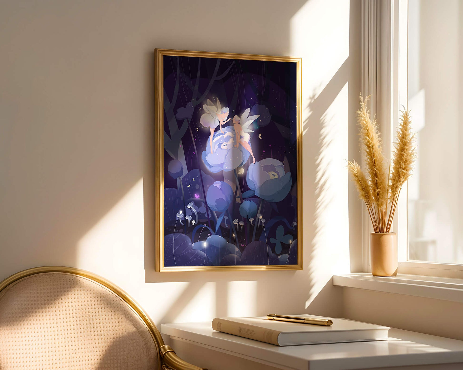 La forêt enchantée avec des fées et des fleurs lumineuses la nuit