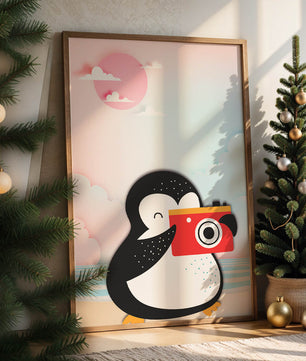 Whimsical penguin illustration with a camera on a pastel beach