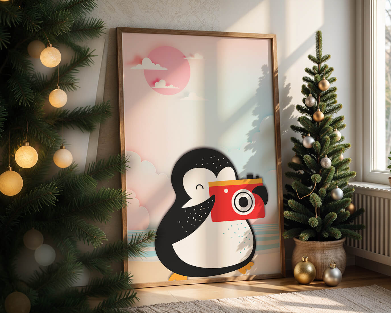 Whimsical penguin illustration with a camera on a pastel beach