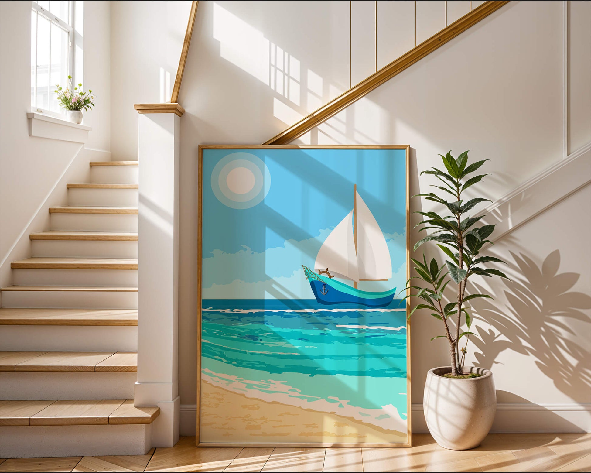 Serene ocean scenery with sailboat under the sun