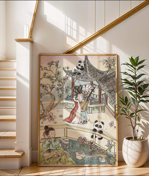 Tranquil Asian Garden Scene with Pandas and Blossoms