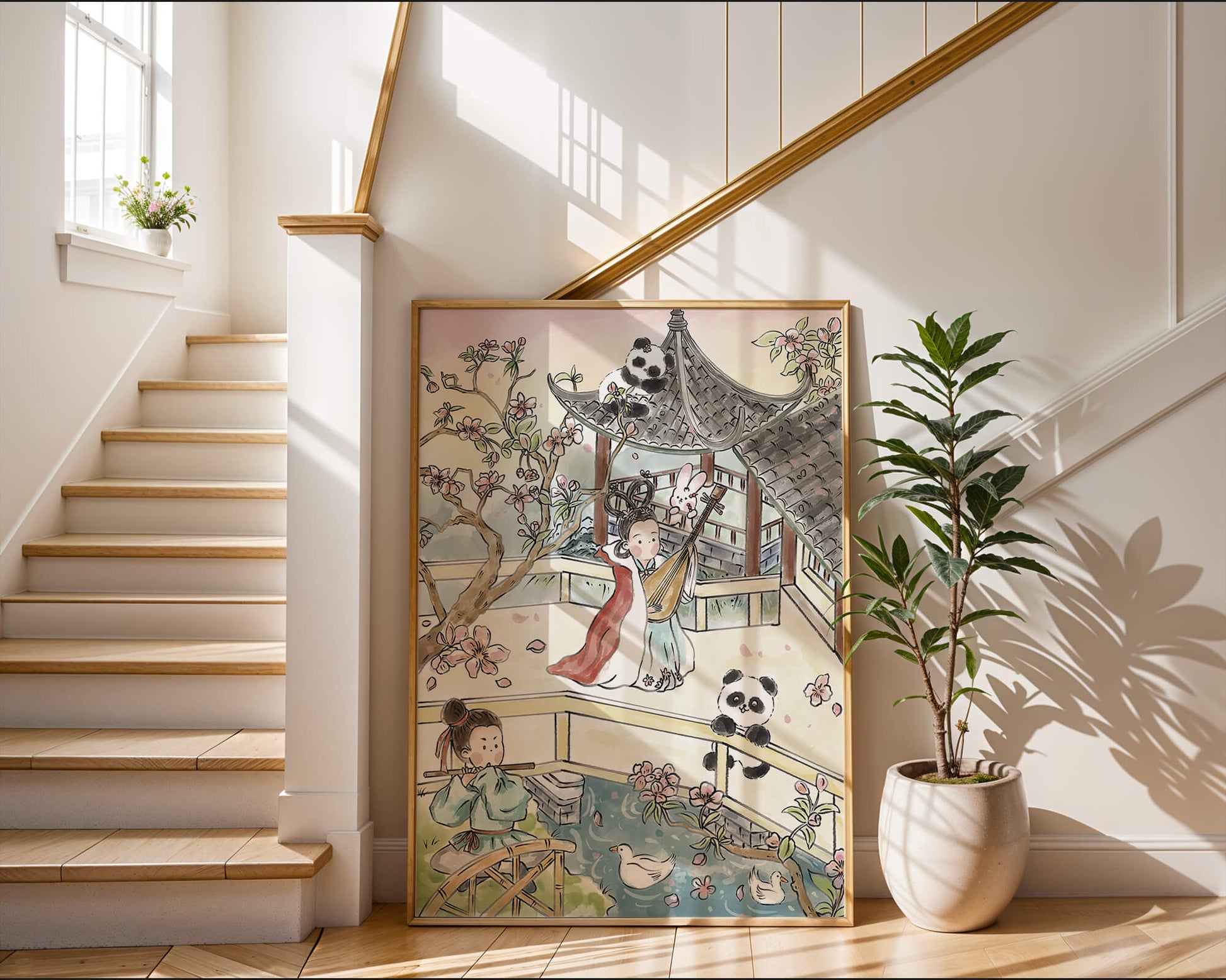 Escena tranquila de jardín asiático con pandas y flores