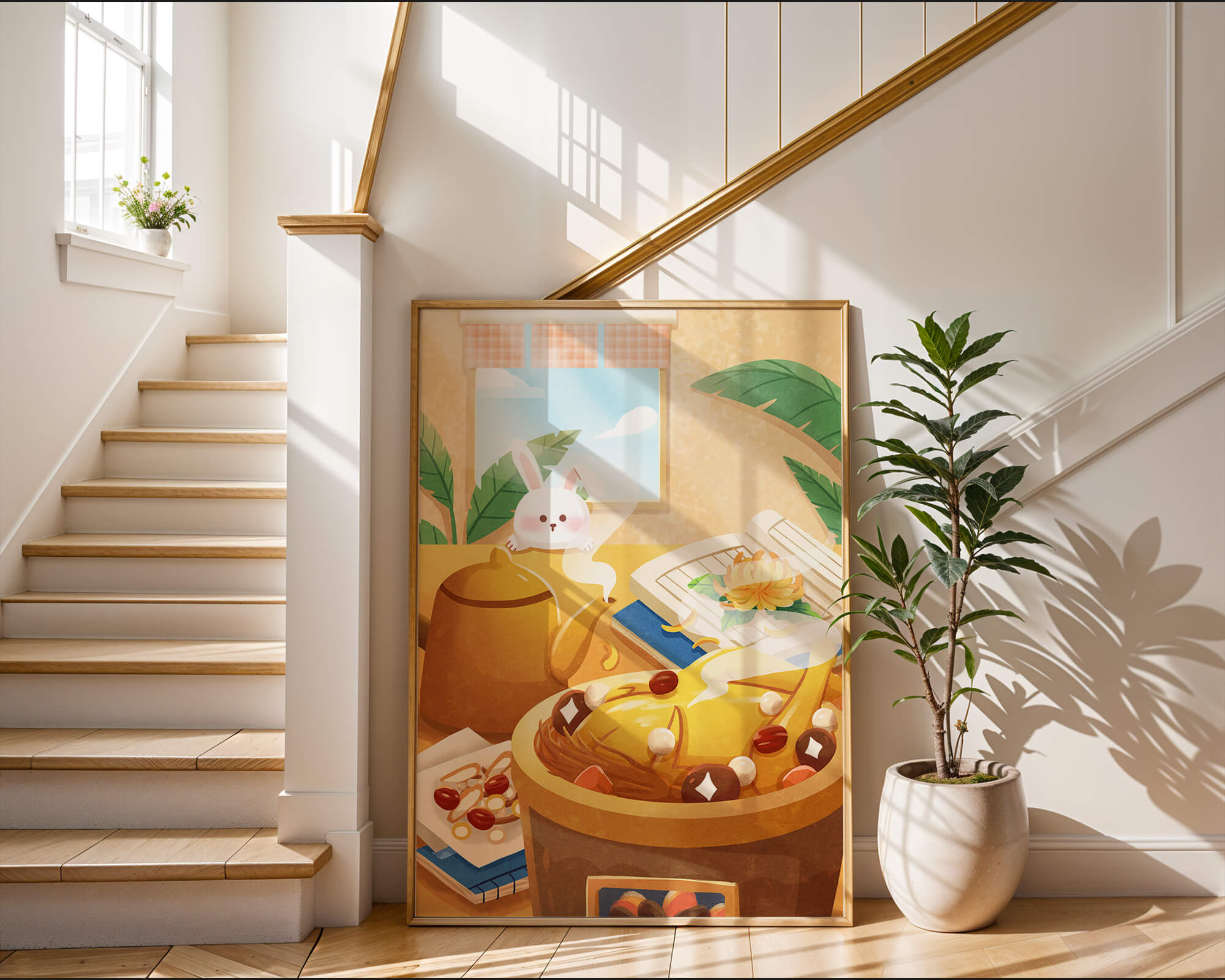 Cozy kitchen scene with cute bunny, teapot, and golden dessert
