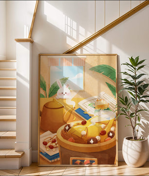 Cozy kitchen scene with cute bunny, teapot, and golden dessert
