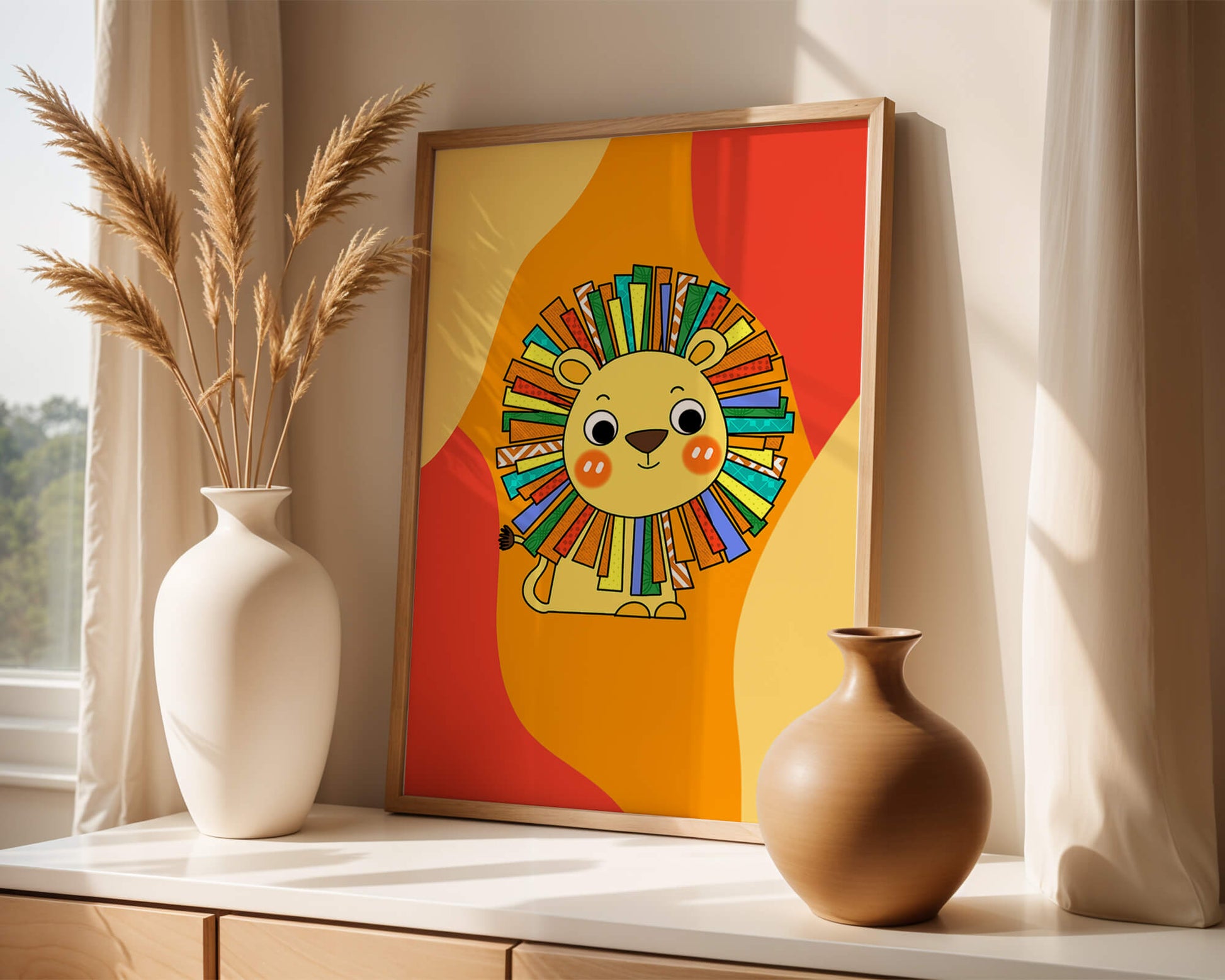 Colorful cartoon lion illustration with vibrant mane on abstract background
