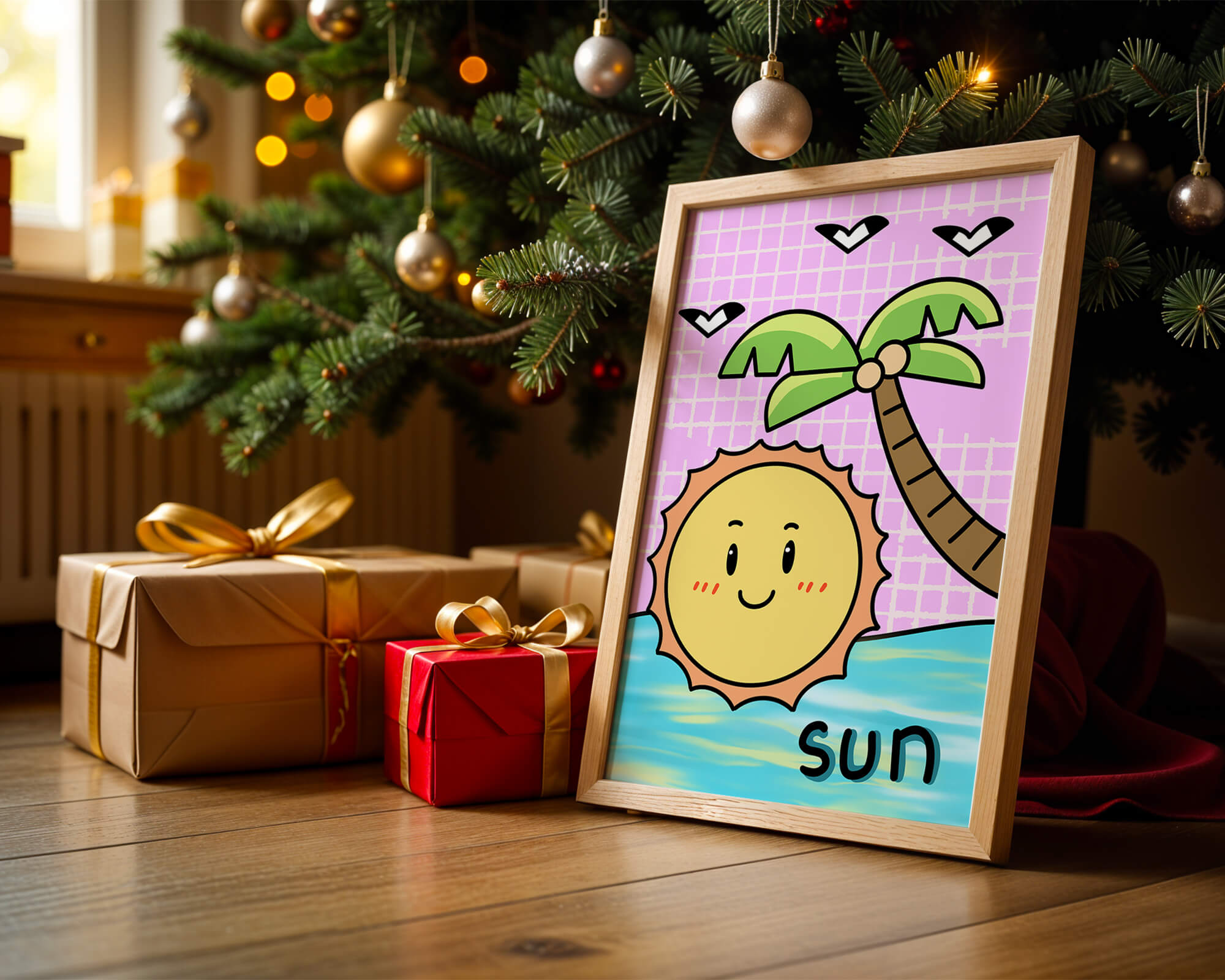 Cartoon sun with palm tree and ocean scene