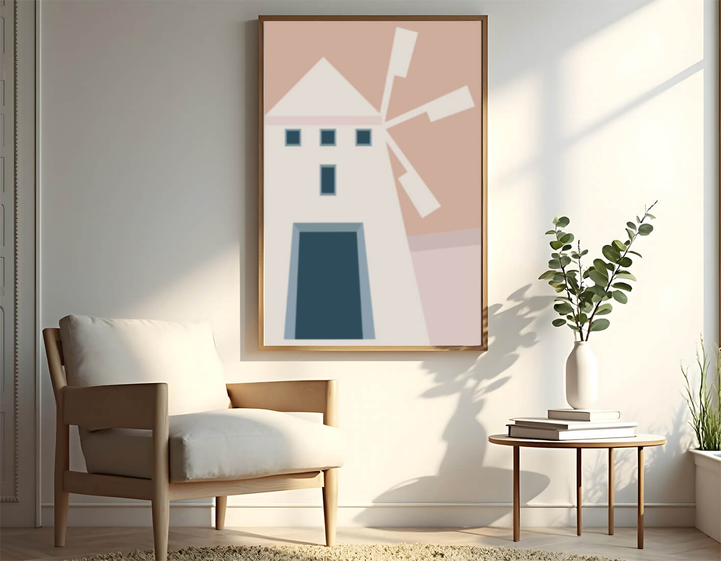 Minimalist geometric house illustration on pastel background