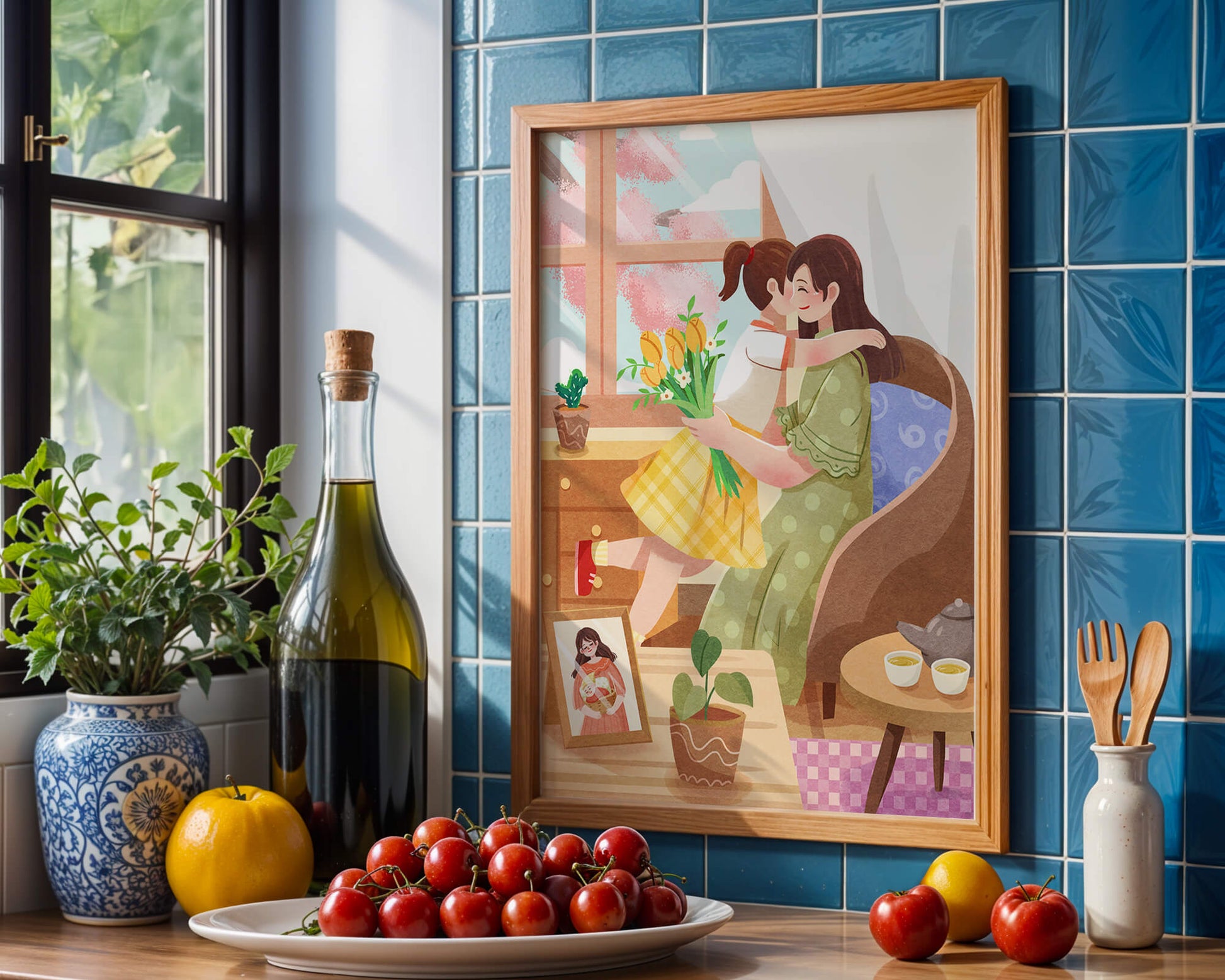 Cozy living room scene with mother and daughter hugging near window