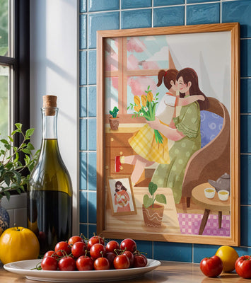 Cozy living room scene with mother and daughter hugging near window