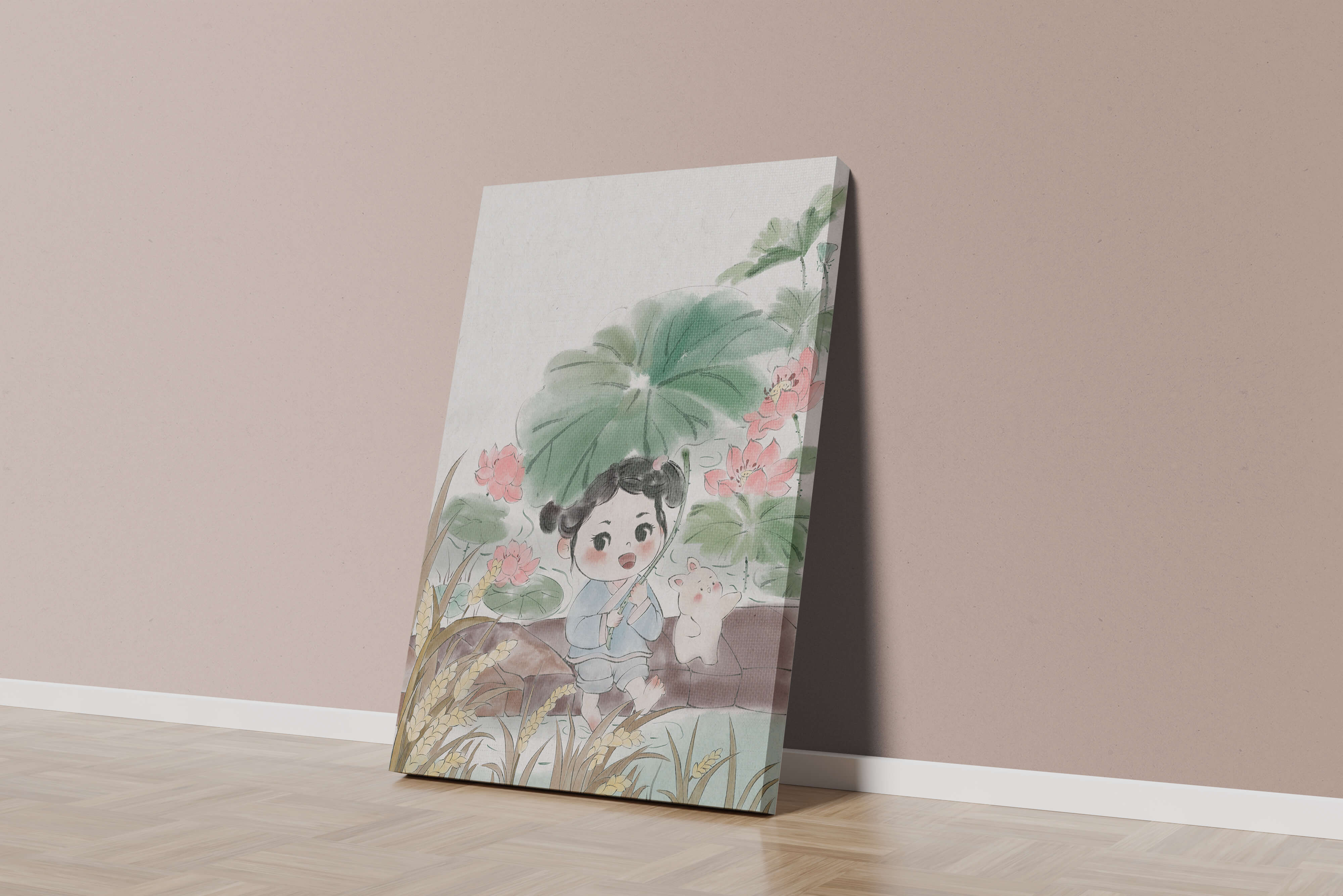 Charming illustration of a child with flowers and a bunny by the water