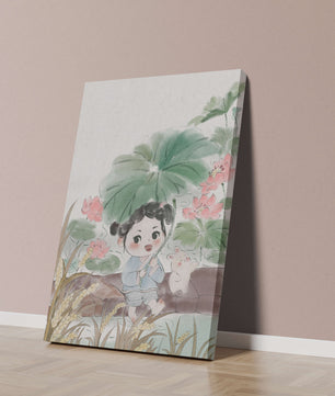 Charming illustration of a child with flowers and a bunny by the water