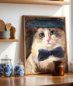 Gato encantador con traje formal, sombrero y corbata de moño