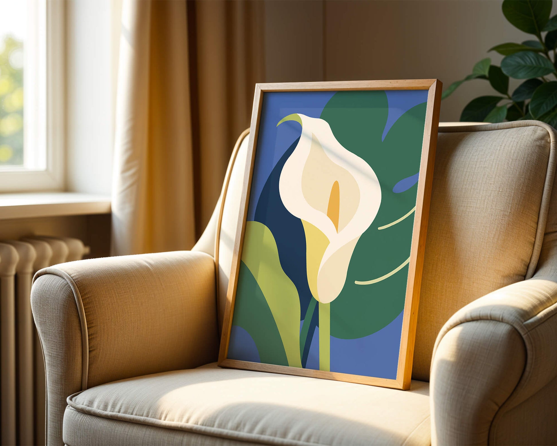 Ilustración floral abstracta con fondo verde y azul