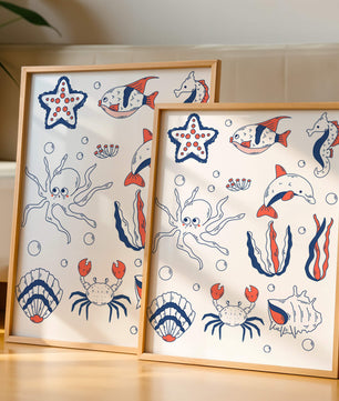 Colorful marine life illustration featuring sea creatures on a dark background