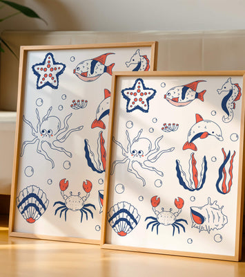 Colorful marine life illustration featuring sea creatures on a dark background