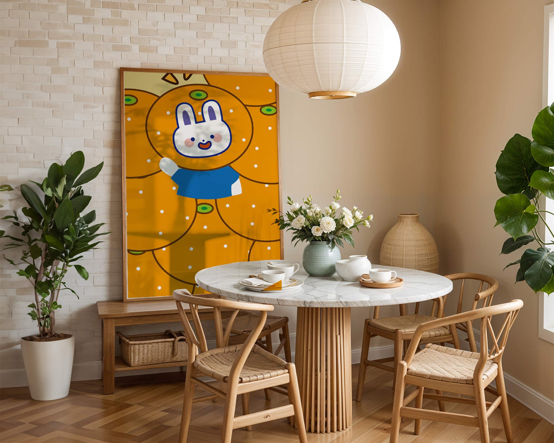 Whimsical illustration of a bunny surrounded by oranges