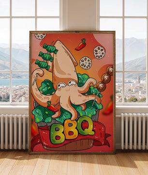 Calamar a la parrilla estilo caricatura peculiar con vegetales