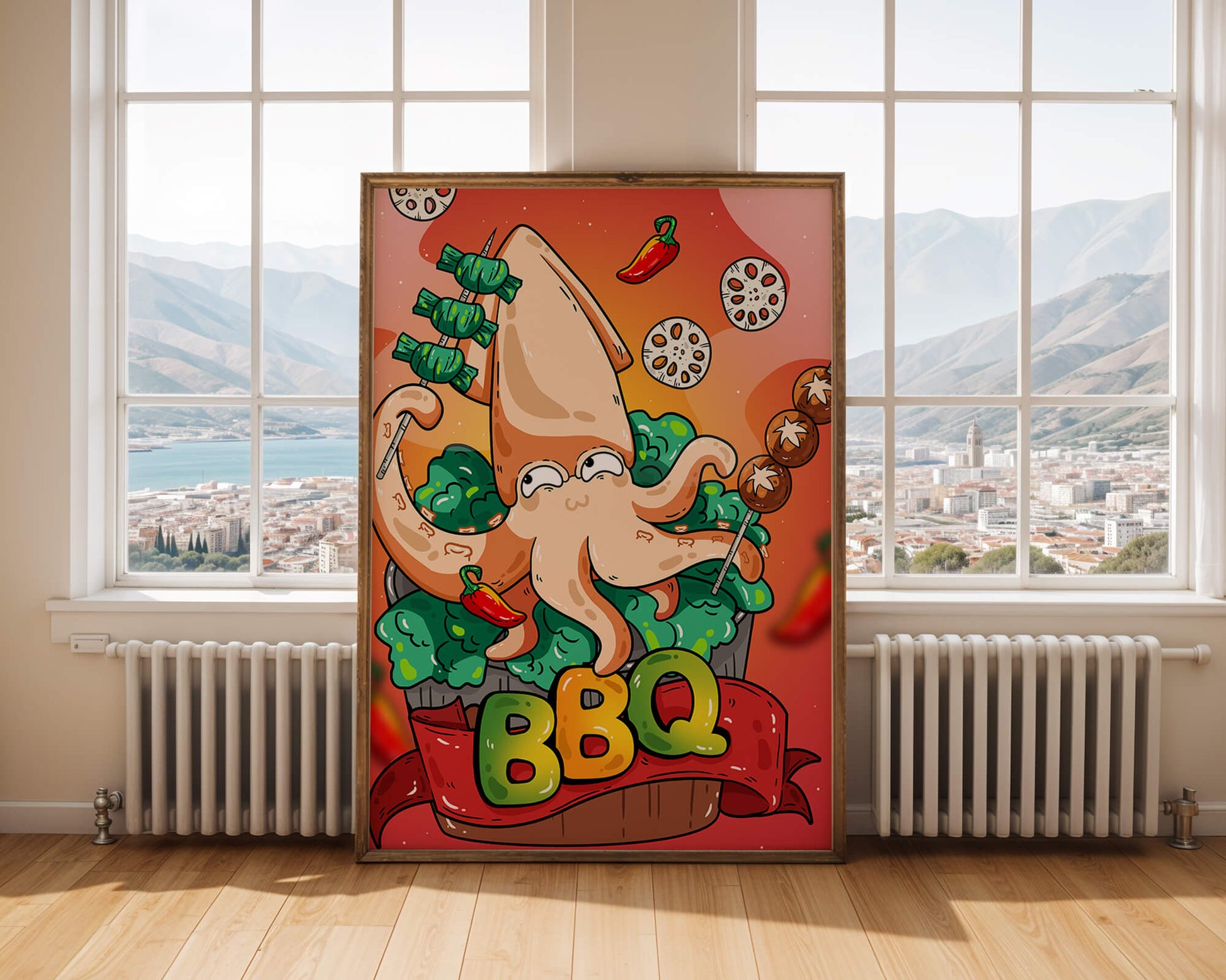 Quirky Cartoon Squid BBQ with Vegetables