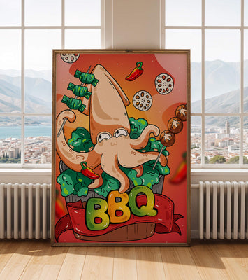 Quirky Cartoon Squid BBQ with Vegetables