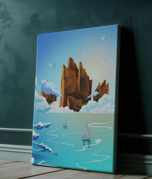 Majestic Sea Cliffs and Sailboats in Serene Landscape
