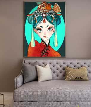 Elegant illustration of a woman in traditional attire with intricate headpiece