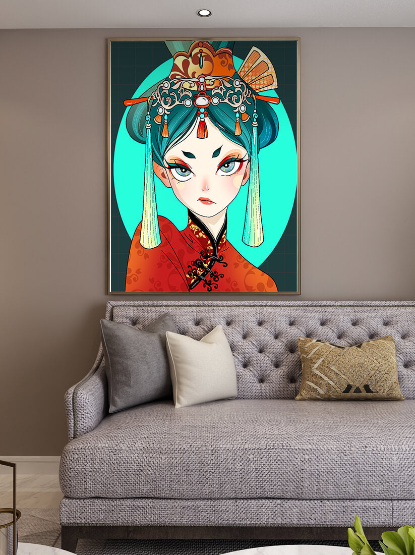Elegant illustration of a woman in traditional attire with intricate headpiece