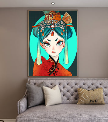 Elegant illustration of a woman in traditional attire with intricate headpiece