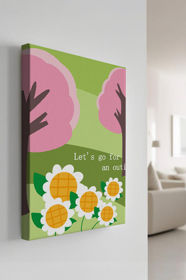 Charming spring landscape with pink trees and daisies