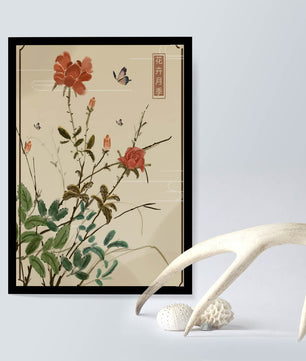 Delicate Floral Art with Red Flowers and Butterflies