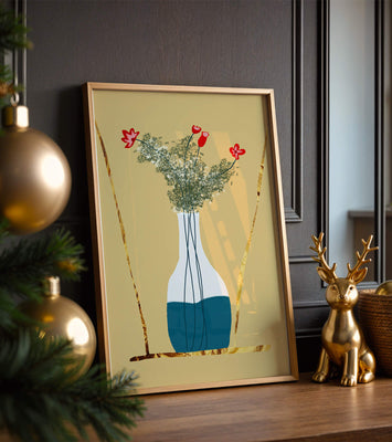 Vase with Red Flowers and Golden Accents