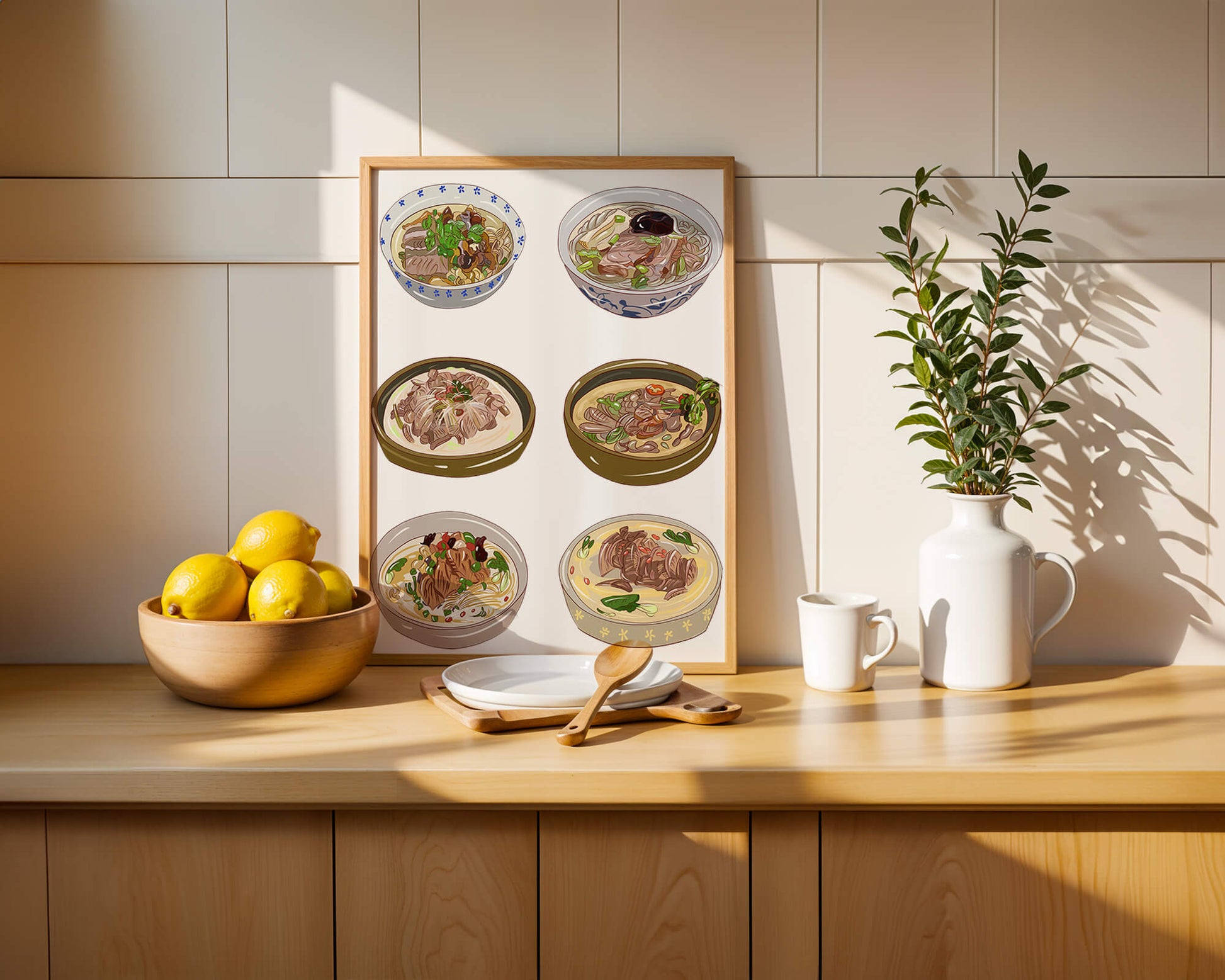 Illustrated bowls of Asian noodle soups with herbs and vegetables