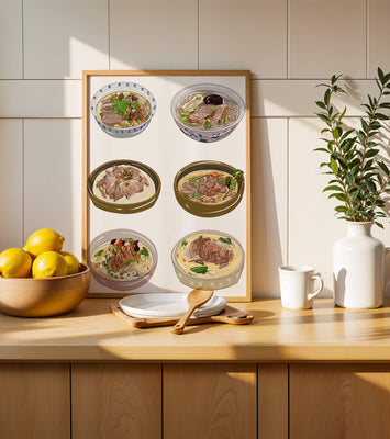 Illustrated bowls of Asian noodle soups with herbs and vegetables