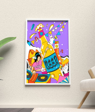Vibrant Party Scene with DJ and Cartoon Characters