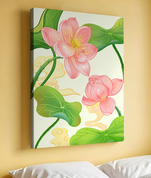 Illustration of pink lotus flowers with green leaves on a pastel background