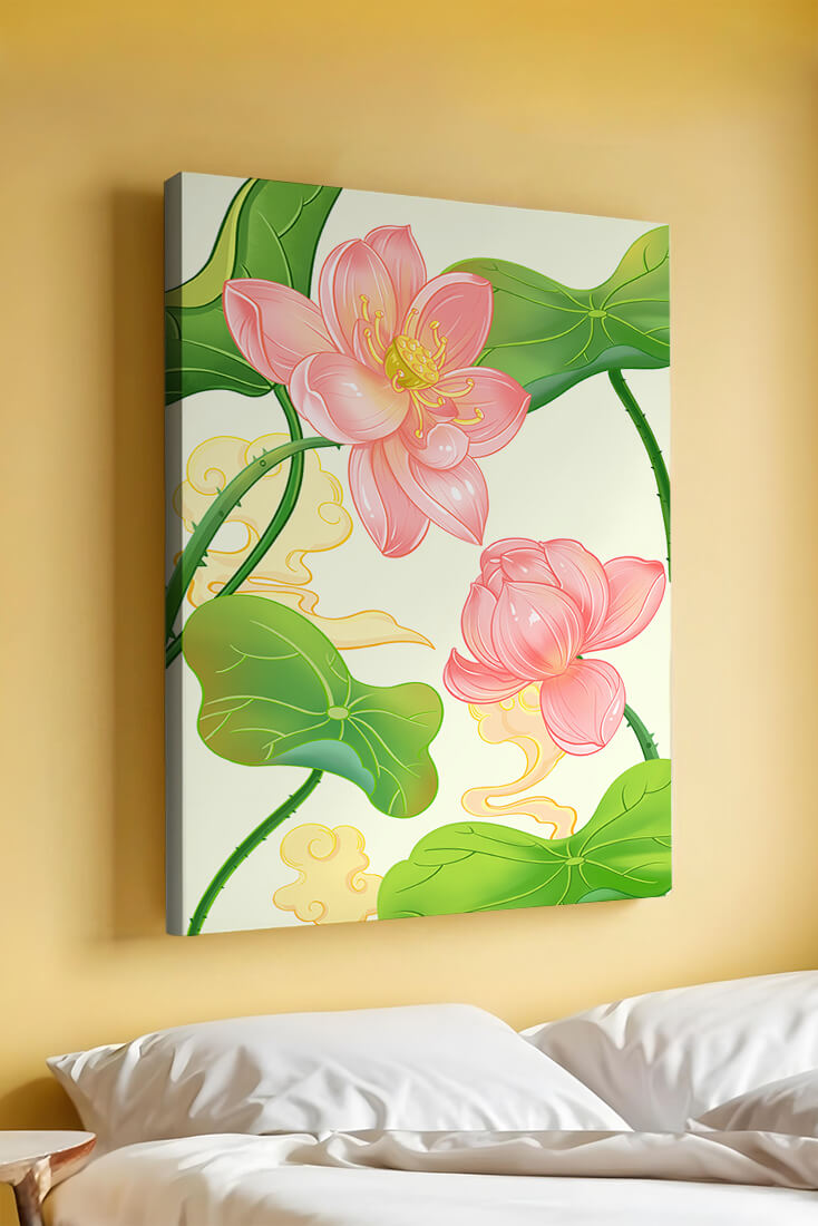 Illustration of pink lotus flowers with green leaves on a pastel background