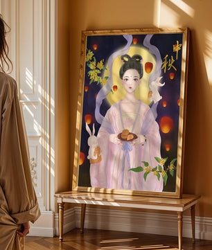 Mid-Autumn Festival Illustration with Moon Goddess and Rabbits
